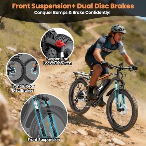 Adult Fat Tire Electric Bike 1500W Peak Motor - 48V 15Ah Fast Electric Mountain Bike, 28MPH & 60 Miles Long Range Ebike, 26" All Terrain E-Bike for Men Women with Lockable Suspension & 7 Speed Gears