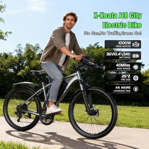 26'' Electric Bike for Adults 1200W Peak Motor 65 Miles Long Range 25MPH Commuter E-Bike with 7 Speed Gears IPX7 Waterproof Pedal Assist Electric Mountain Bicycle for Men